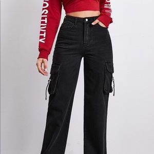 SMALL High-Rise Flap Pocket Patched Jeans -Shein